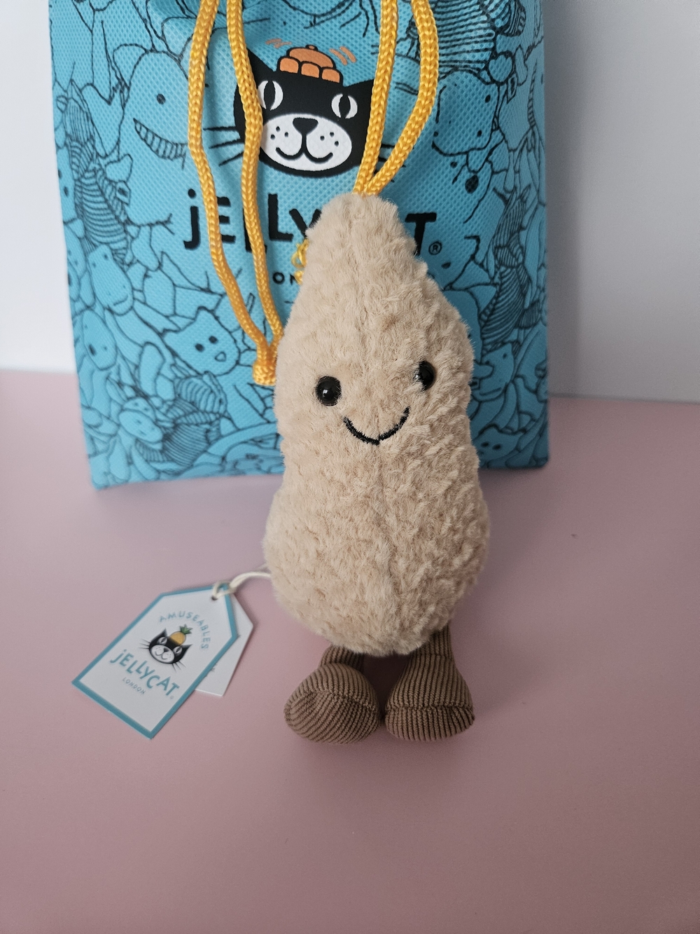 Jellycat Beige Smiley Plush Keyring with Brown Corduroy Feet
